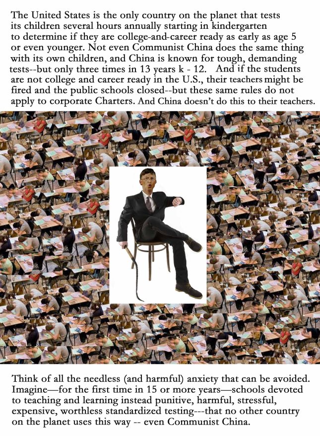 children taking tests with Bill Gates cracking the whip